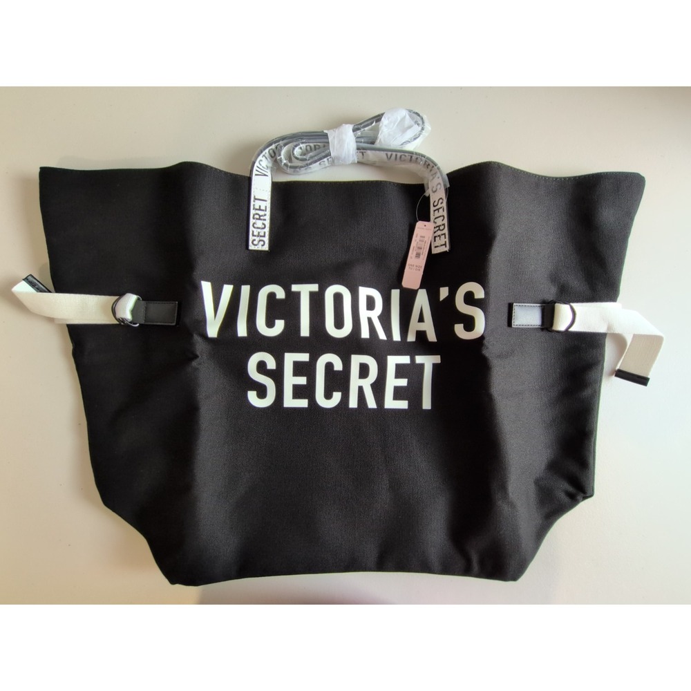 Victoria's Secret Canvas Tote Bag Black White Logo Weekender Overnight Sz XL NWT